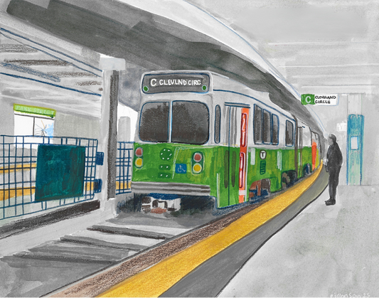 A stylized watercolor or ink illustration of a subway train at a station platform, shown upside down in the frame. The artwork features gray station architecture, a green and white train with bright green interior details, a yellow platform edge, and a small dark figure near the platform.
