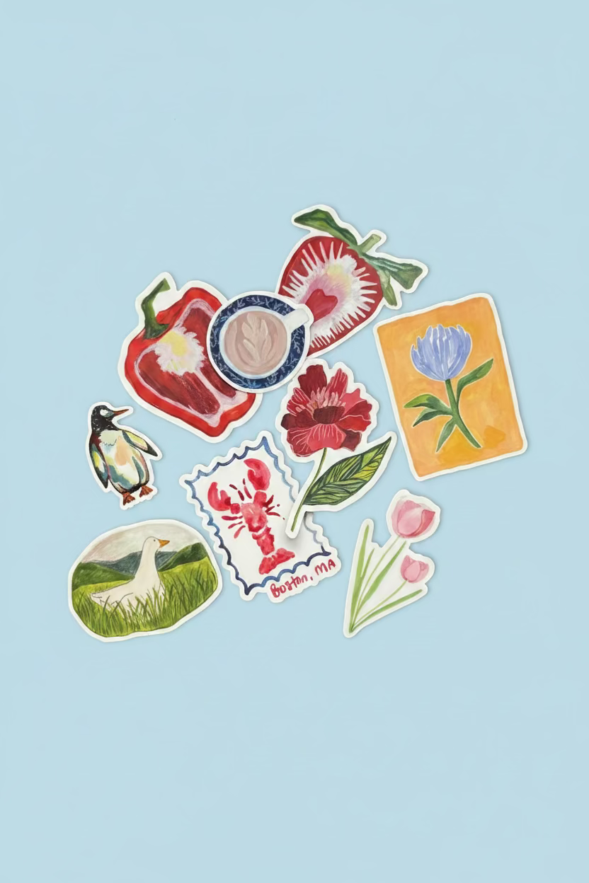 A collection of colorful die-cut stickers featuring various illustrations, including flowers, a strawberry, a lobster, a fish, and a green leaf, arranged on a dark textured surface.